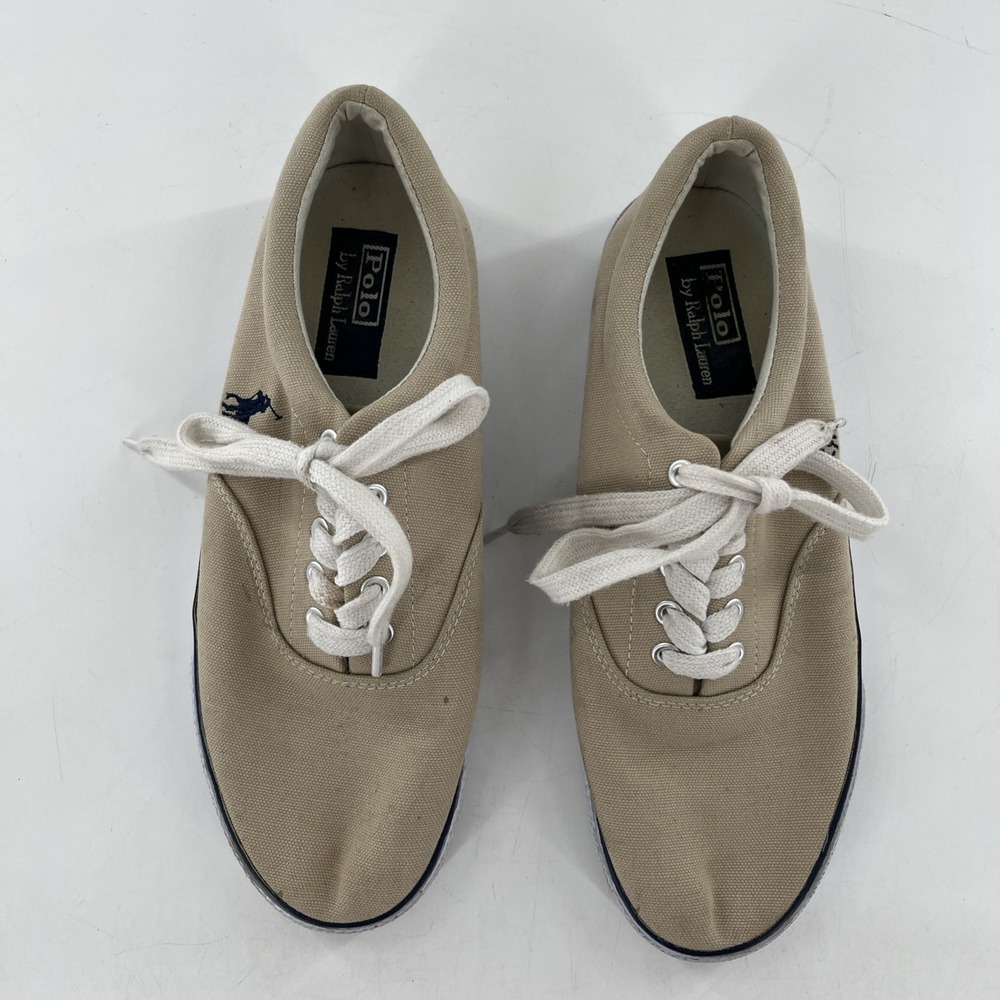 Polo Ralph Lauren Canvas Sneakers Lace Up Beige‎ Tan Casual Shoe Pony - Picture 5 of 16